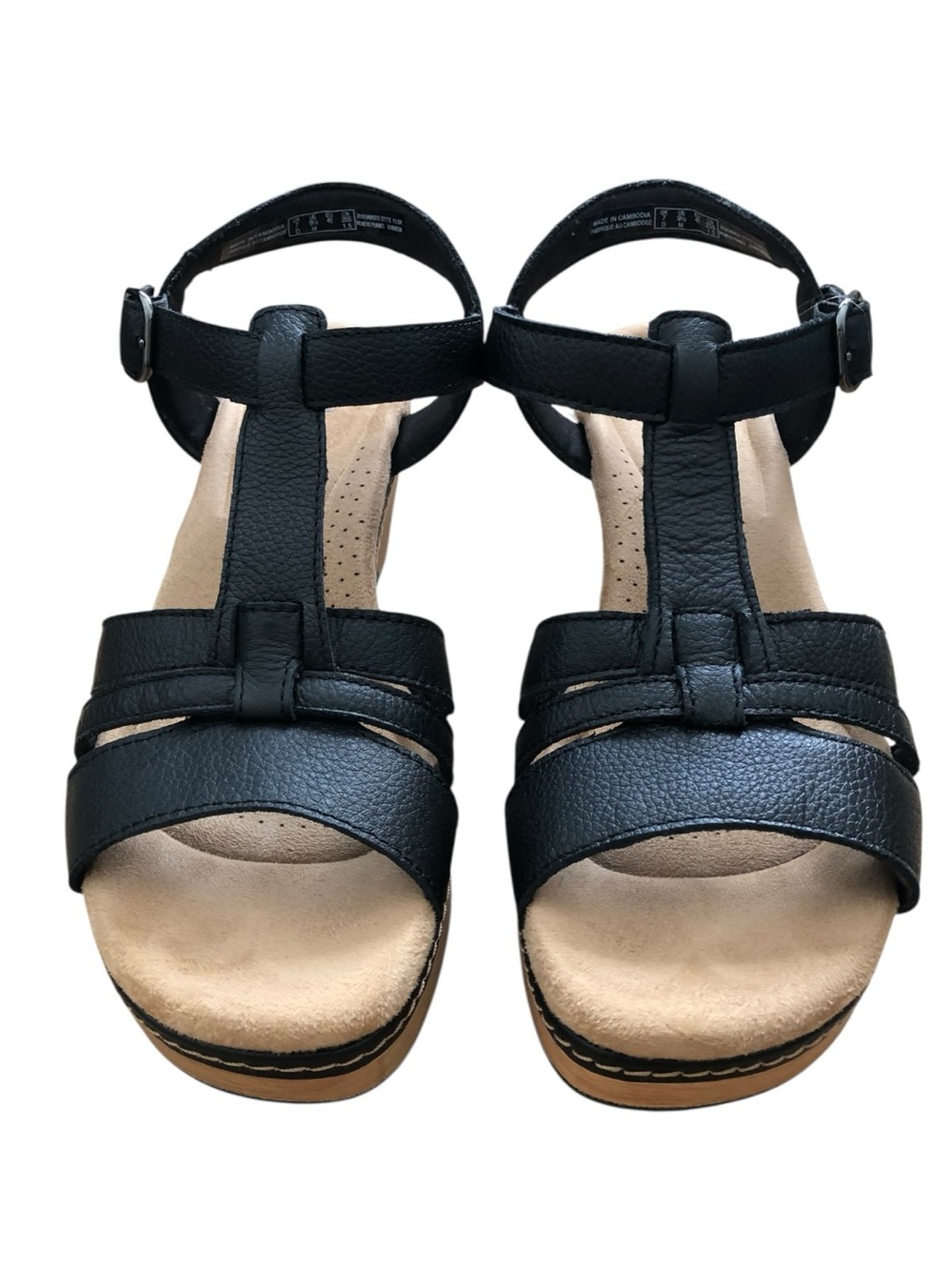 Clarks Seannah Madi Wedge Black Leather T-Strap Ankle Buckle Sandals
